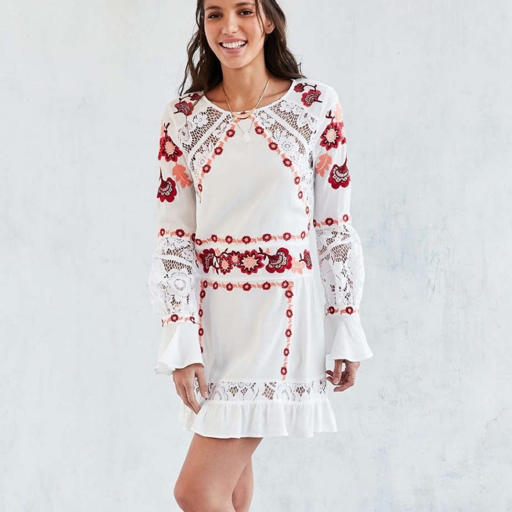 For Love & Lemons White Long Sleeve Mini Dress with Red Floral Embroidery